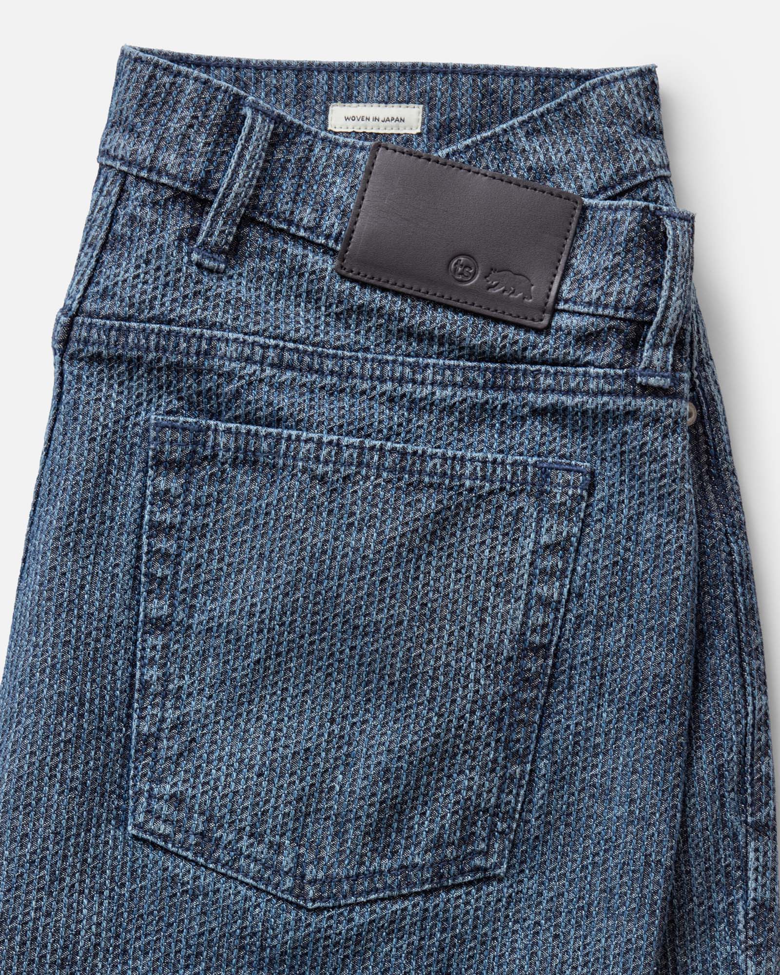 material shot of the back pocket on The Democratic Jean in Japanese Washed Indigo Sashiko, Bottoms by Taylor Stitch