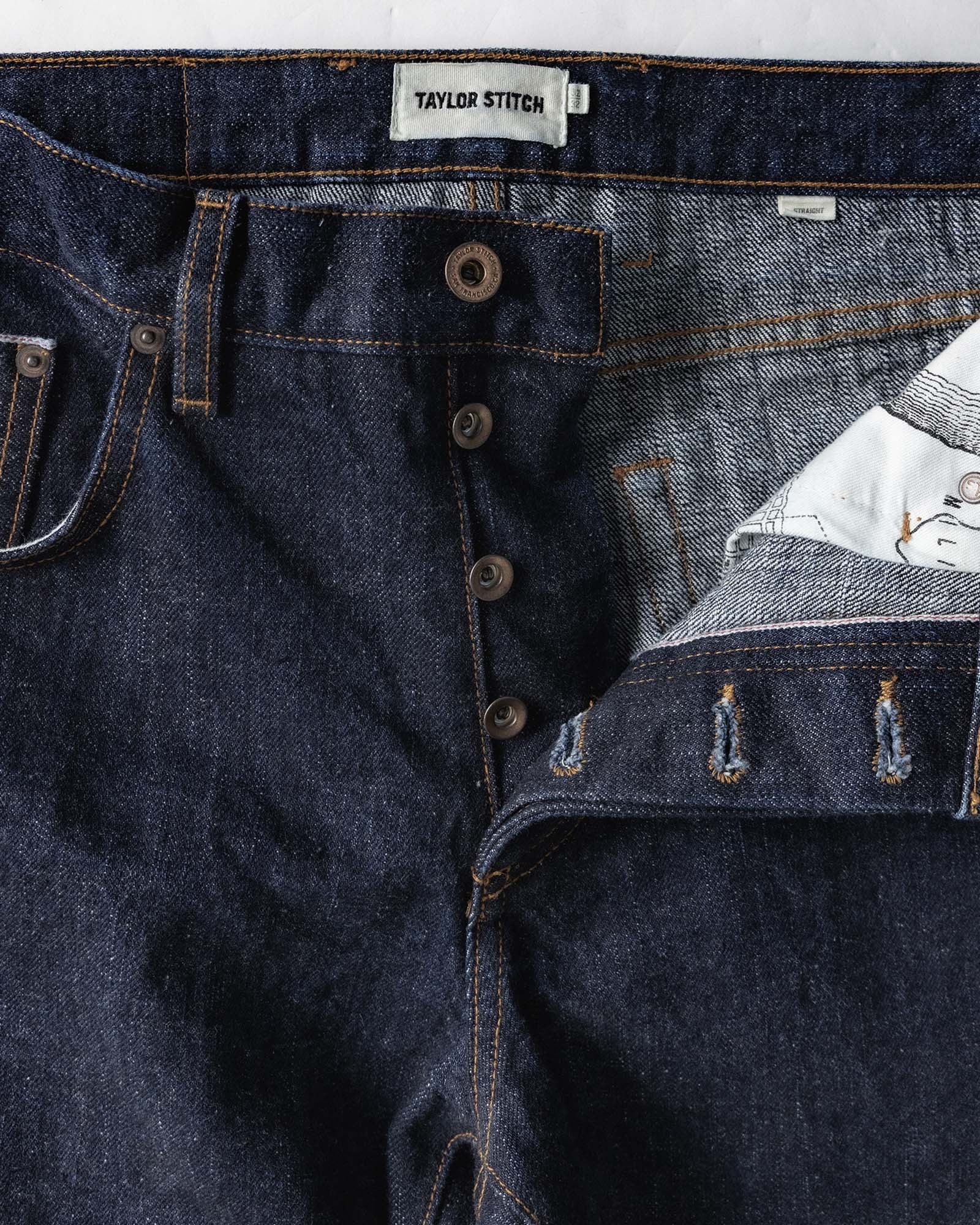 material shot of the buttons on The Democratic Jean in Rinsed Yoshiwa Selvedge, Bottoms by Taylor Stitch