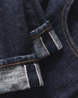 material shot of the cuffs on The Democratic Jean in Rinsed Yoshiwa Selvedge, Bottoms by Taylor Stitch