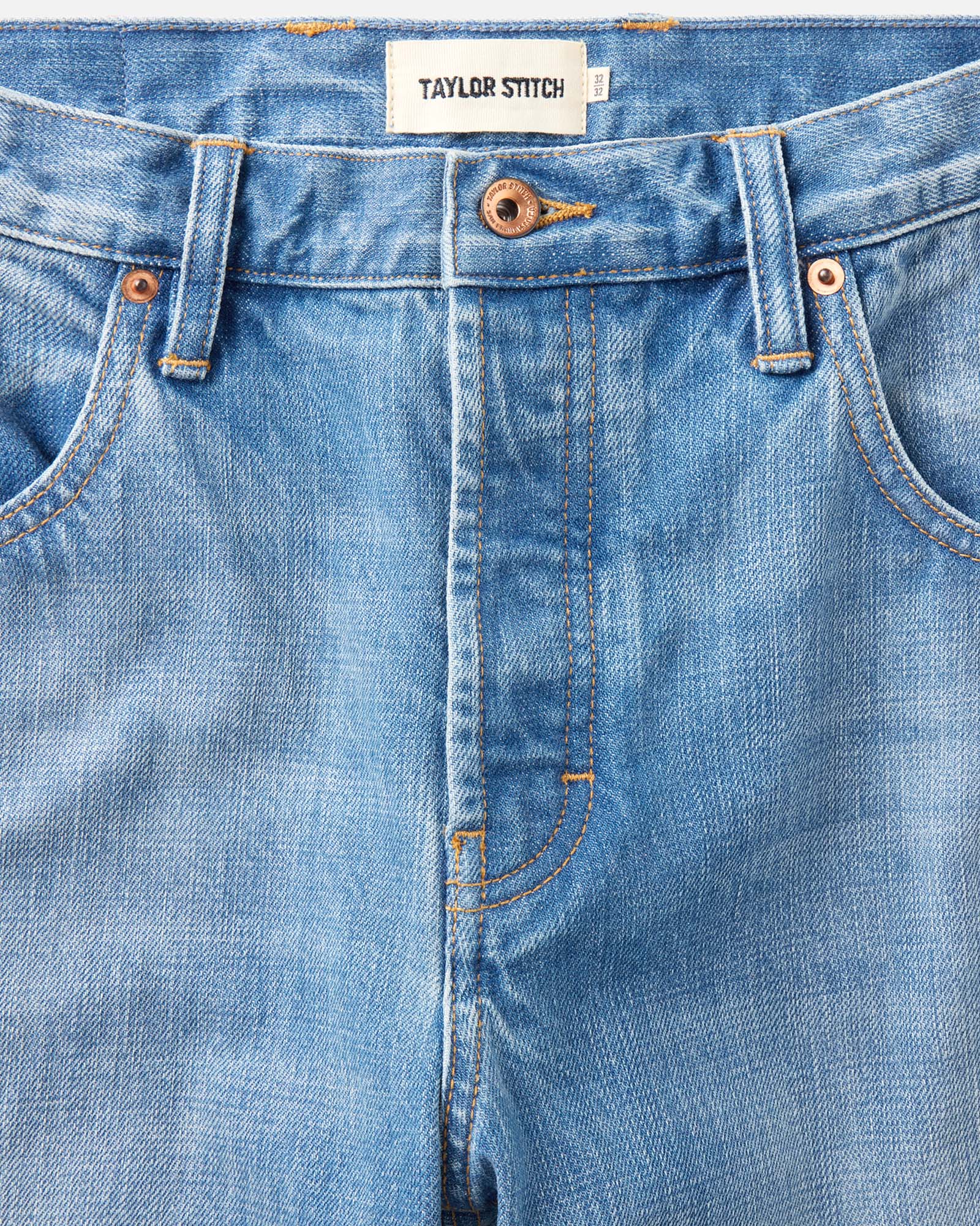 material shot of the waistband on The Democratic Jean in Light Wash Organic Selvedge, Bottoms by Taylor Stitch