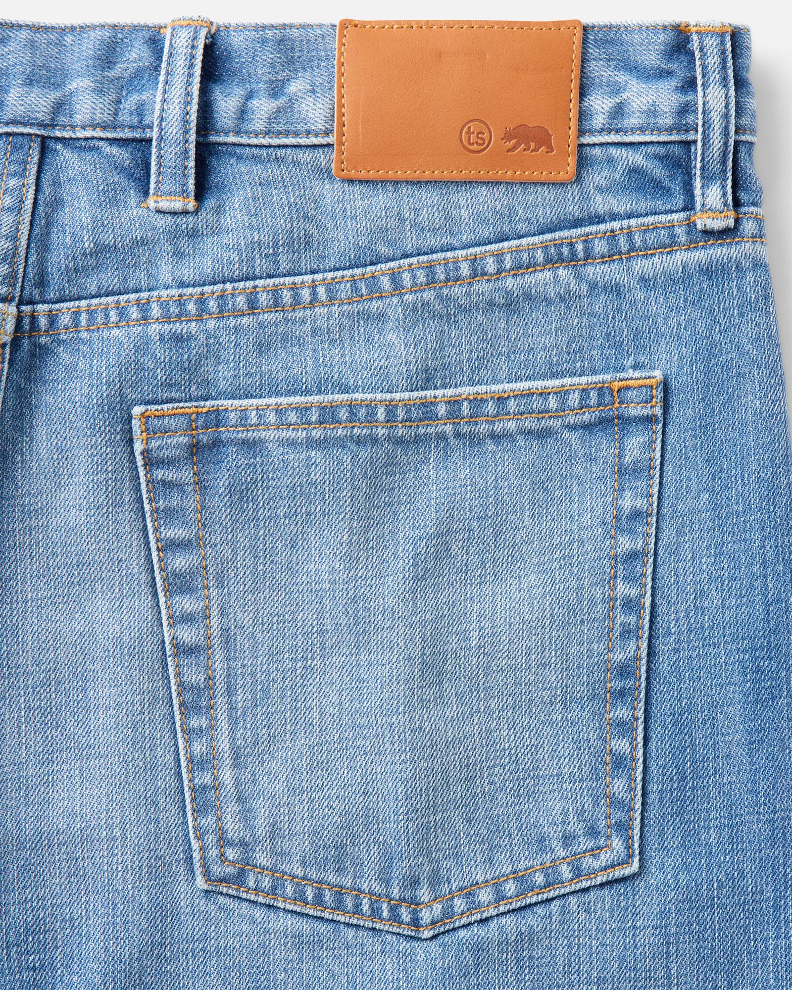 material shot of the back pocket on The Democratic Jean in Light Wash Organic Selvedge, Bottoms by Taylor Stitch