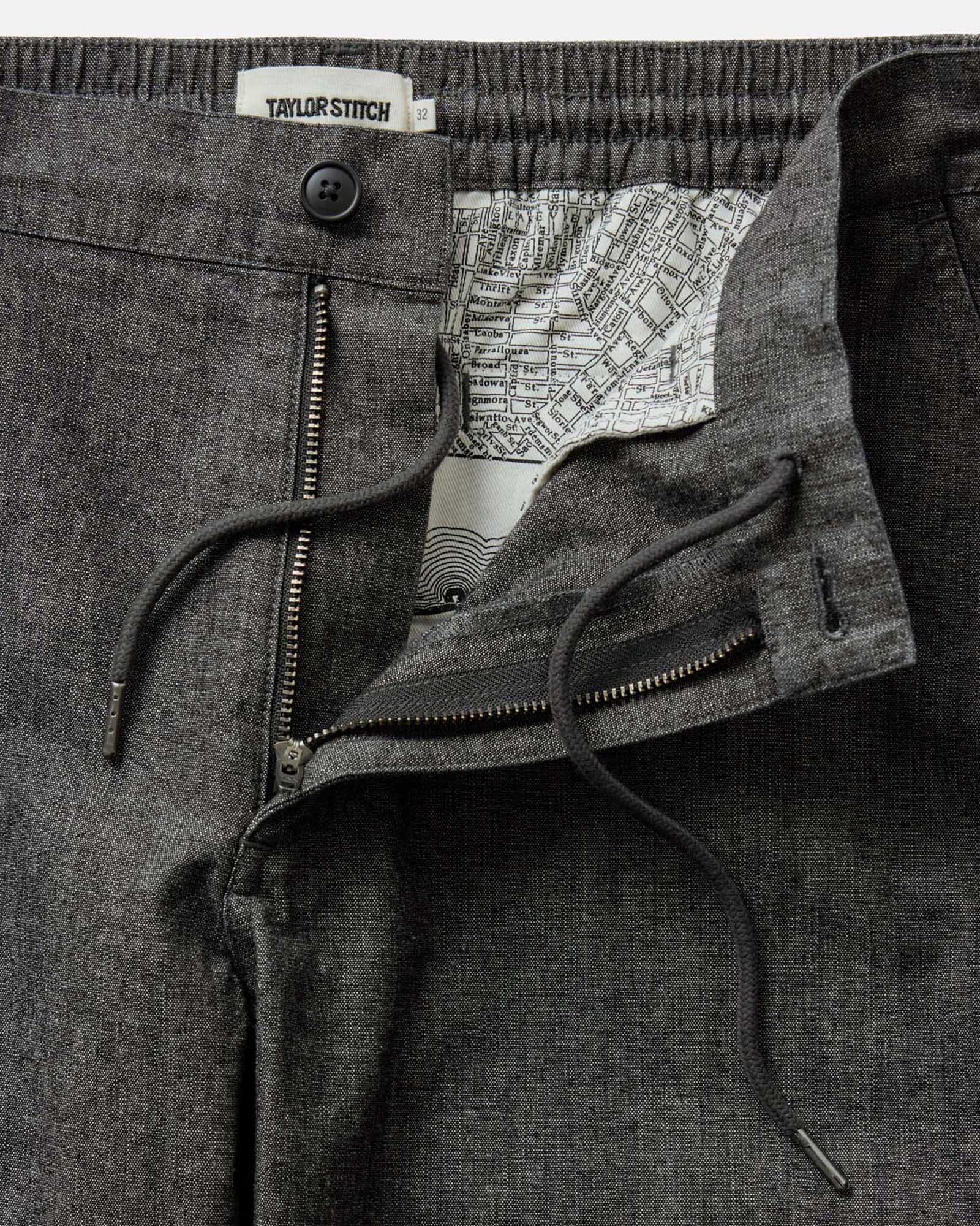 material shot of the waistband on The Easy Pant in Black Indigo Chambray, Bottoms by Taylor Stitch