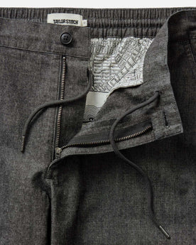 material shot of the waistband on The Easy Pant in Black Indigo Chambray, Bottoms by Taylor Stitch