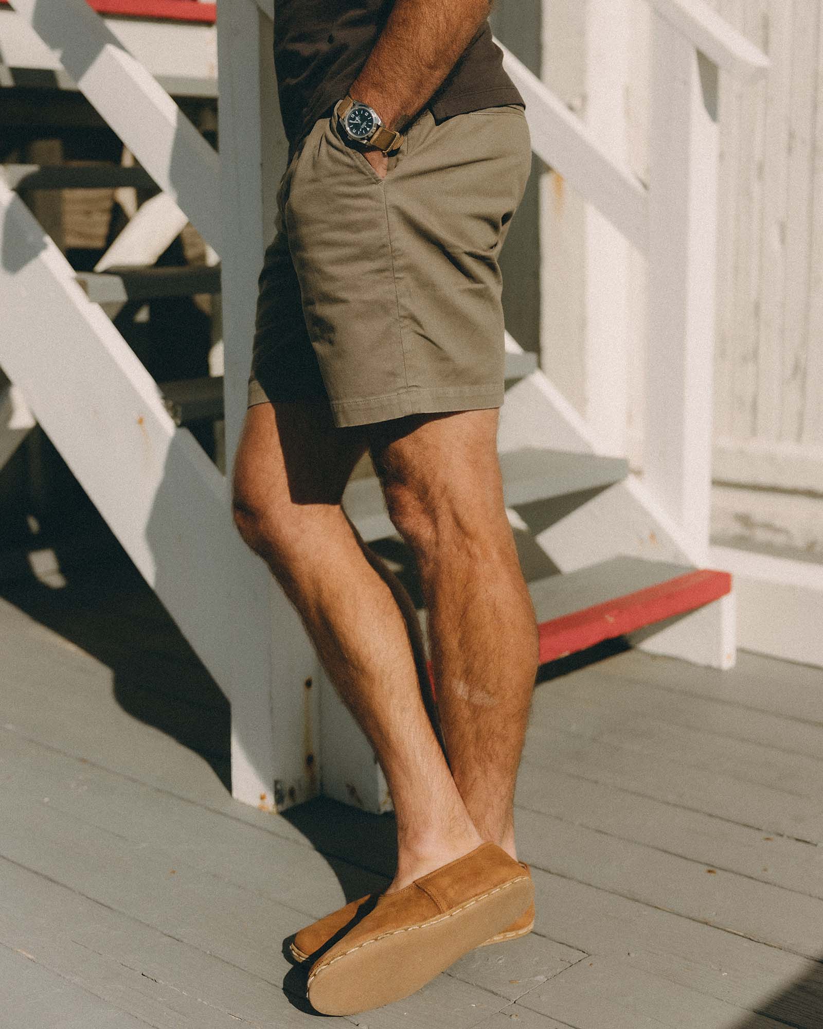 fit model showing off The Foundation Short in Organic Smoked Olive, Bottoms by Taylor Stitch