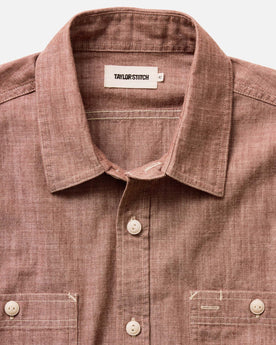 material shot of the collar on The Foundry Shirt in Brick Chambray, Wovens by Taylor Stitch