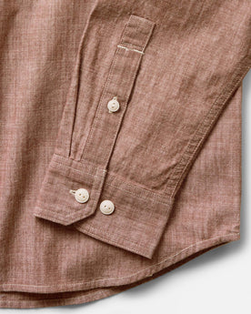 material shot of the sleeve on The Foundry Shirt in Brick Chambray, Wovens by Taylor Stitch