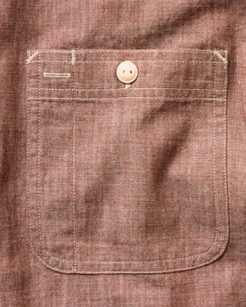 material shot of the pocket on The Foundry Shirt in Brick Chambray, Wovens by Taylor Stitch