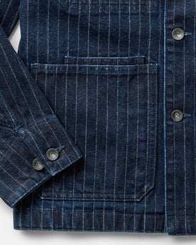 material shot of the pocket on The Fremont Jacket in Rinsed Indigo Dobby Denim, Outerwear by Taylor Stitch