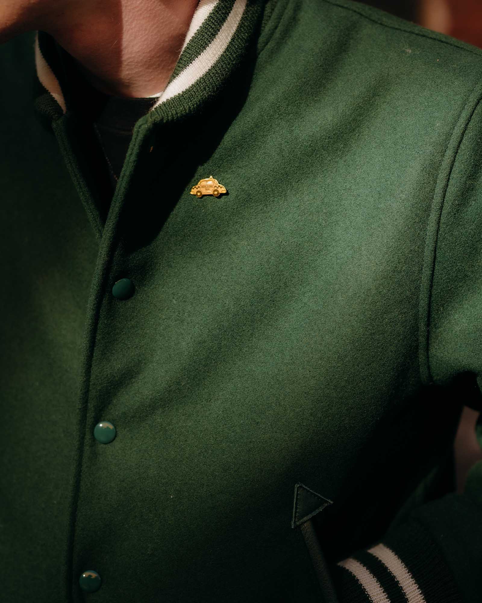 fit model showing off the collar on The Golden Bear Snap Bomber in Ivy Wool, Outerwear by Taylor Stitch