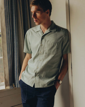 fit model posing in The Hawthorne Shirt in Surf Green, Wovens by Taylor Stitch