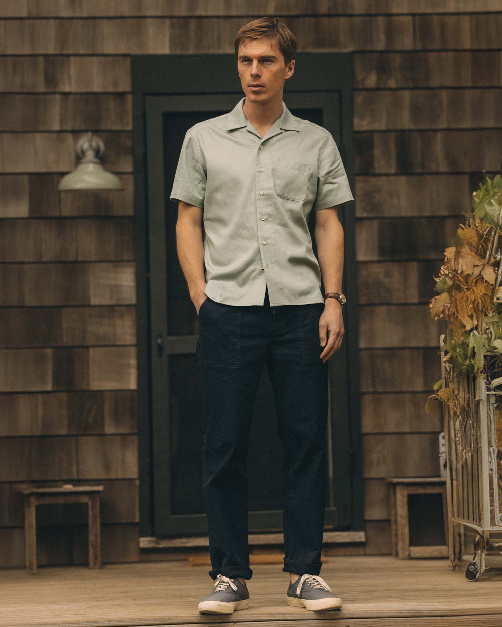 fit model standing wearing The Hawthorne Shirt in Surf Green, Wovens by Taylor Stitch