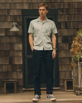 fit model standing wearing The Hawthorne Shirt in Surf Green, Wovens by Taylor Stitch