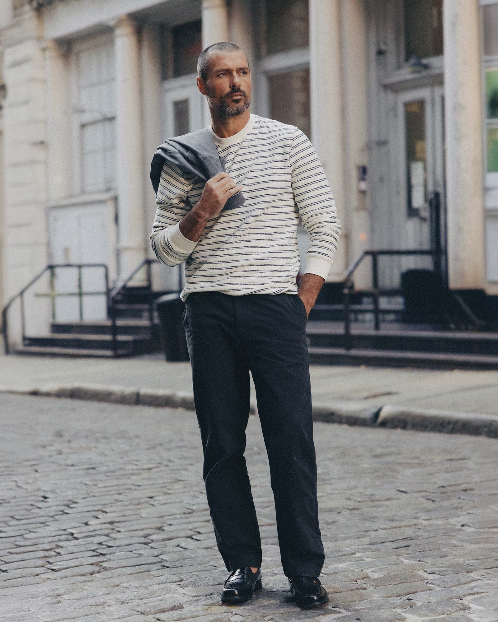 fit model showing off The Hooper Crew in Marine Stripe, Knits by Taylor Stitch