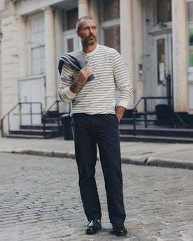 fit model showing off The Hooper Crew in Marine Stripe, Knits by Taylor Stitch