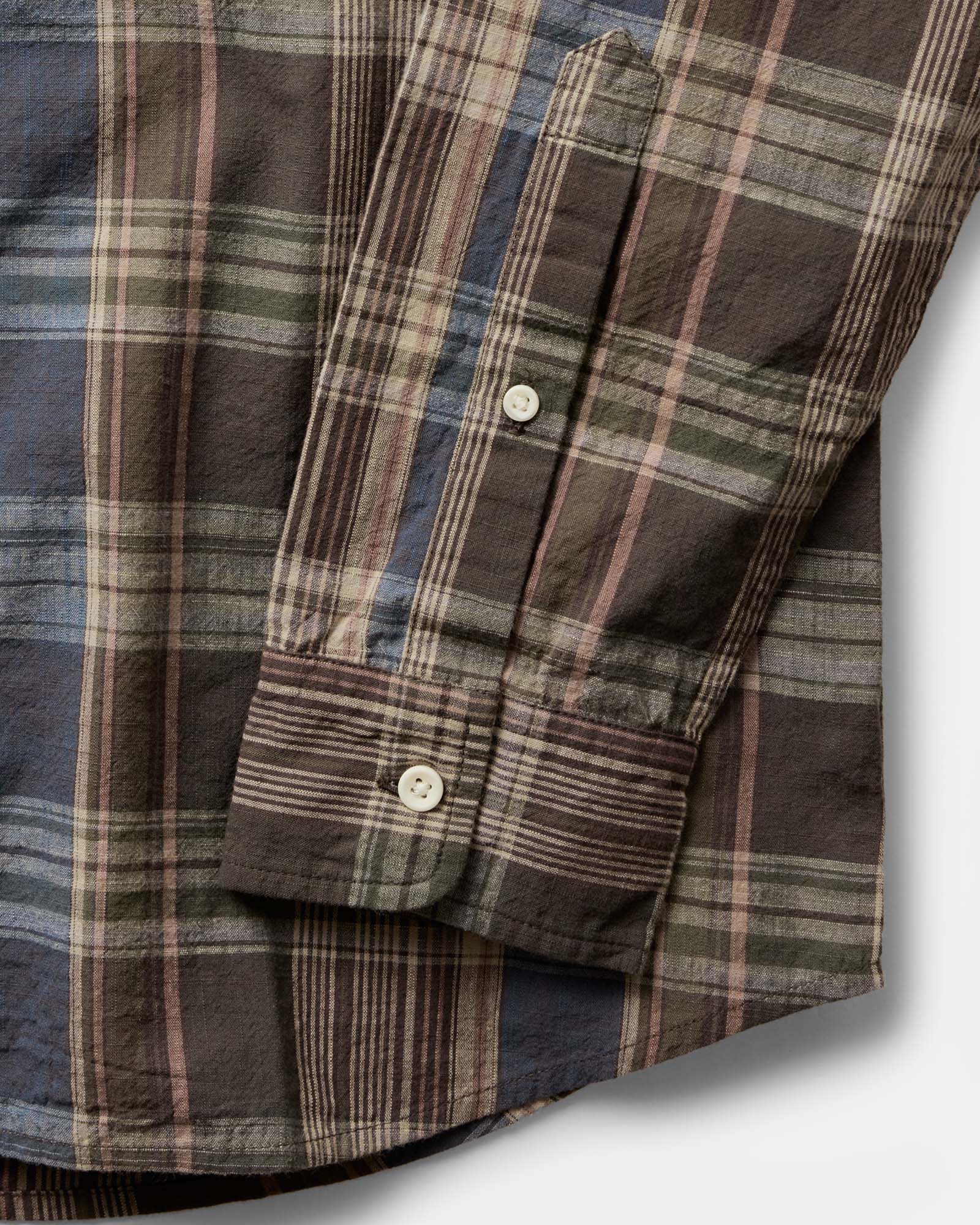 material shot of the sleeve on The Jack in Atlantic Blue Madras, Wovens by Taylor Stitch