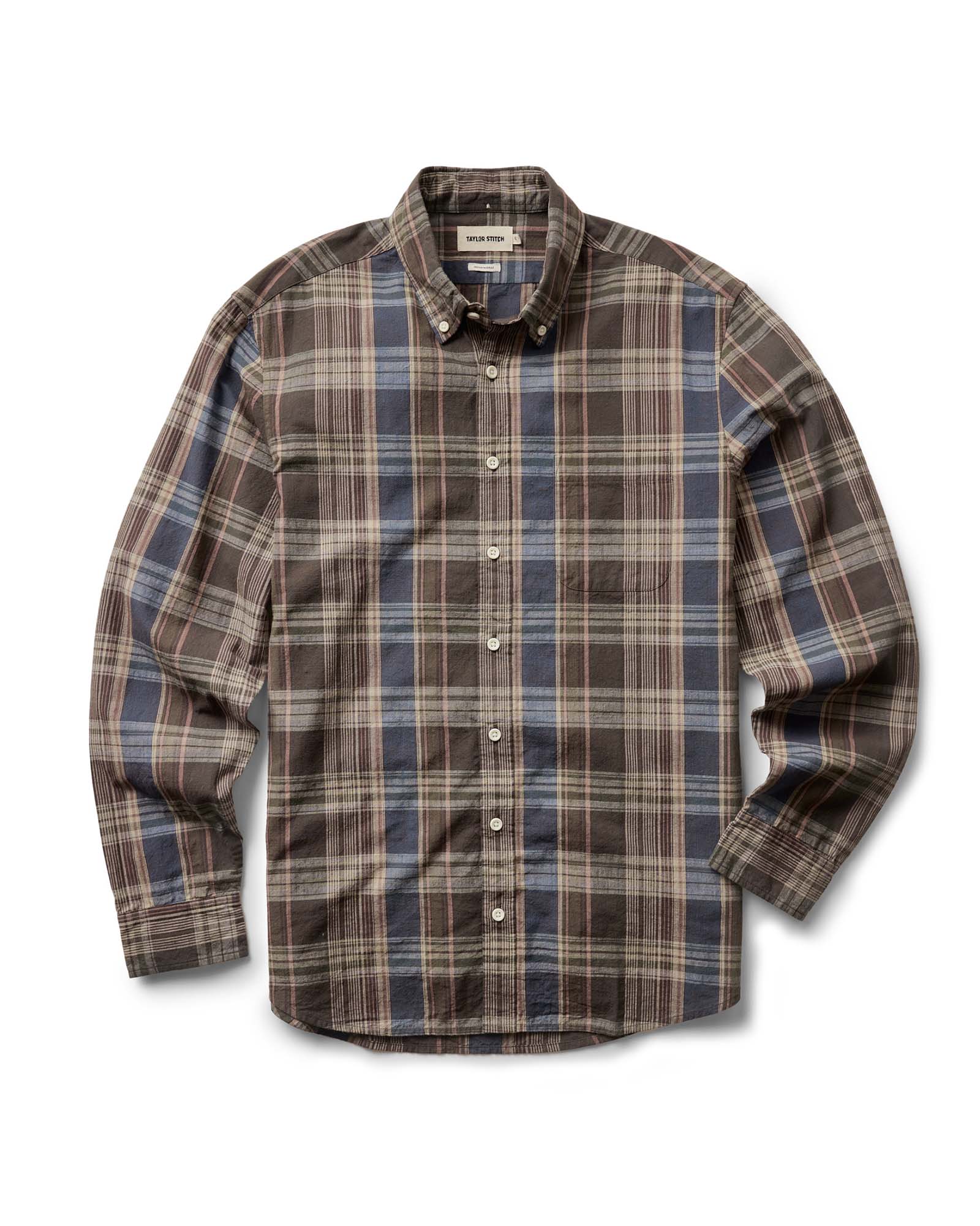 flatlay of The Jack in Atlantic Blue Madras, Wovens by Taylor Stitch