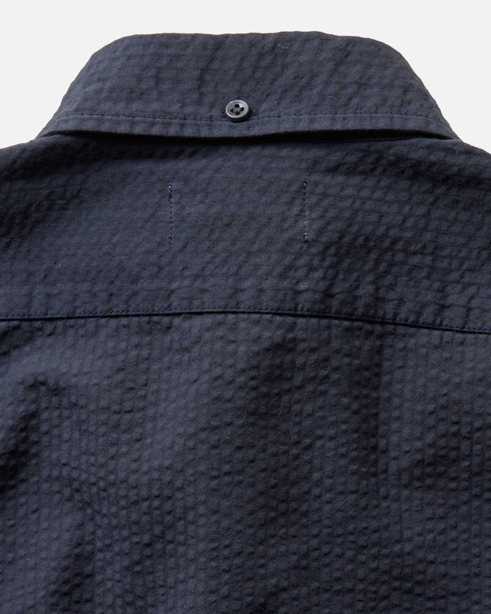 material shot of the back of the button-down collar on The Jack in Dark Navy Seersucker, Wovens by Taylor Stitch