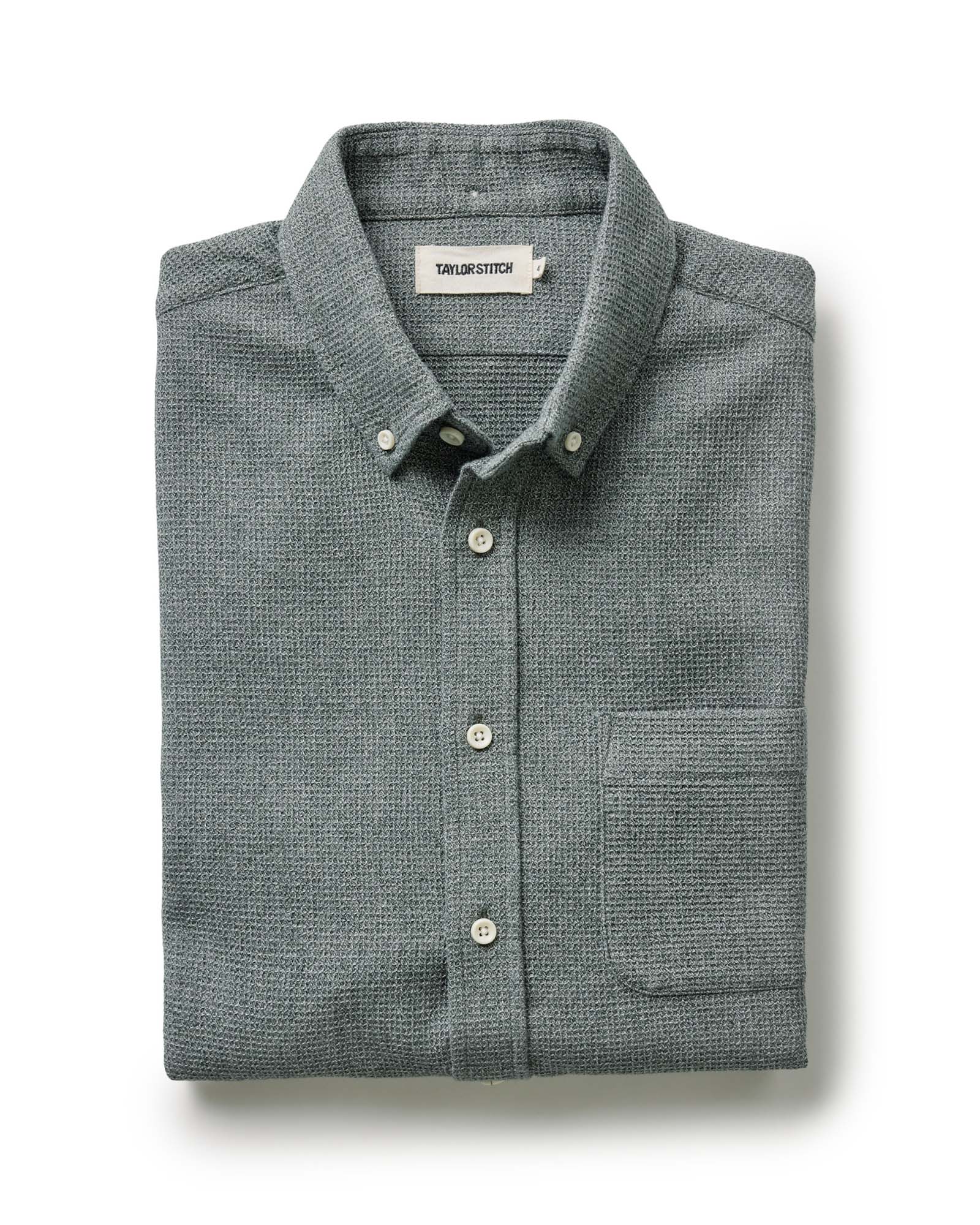 folded flatlay of The Jack in Deep Sea Twist Waffle, Wovens by Taylor Stitch