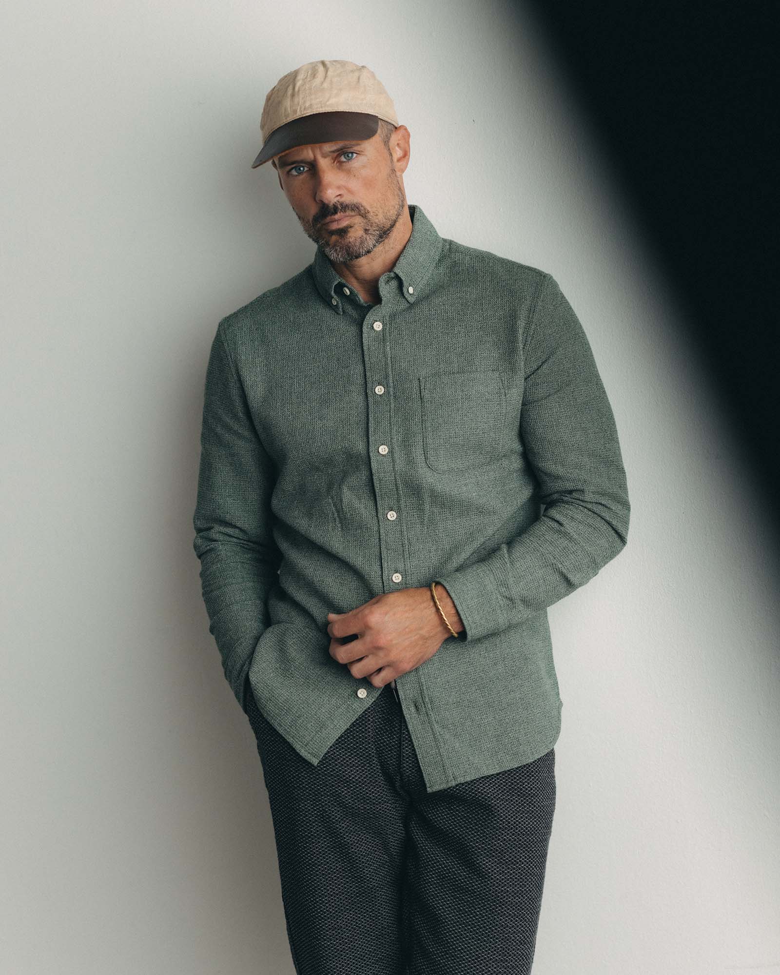 fit model showing off The Jack in Deep Sea Twist Waffle, Wovens by Taylor Stitch