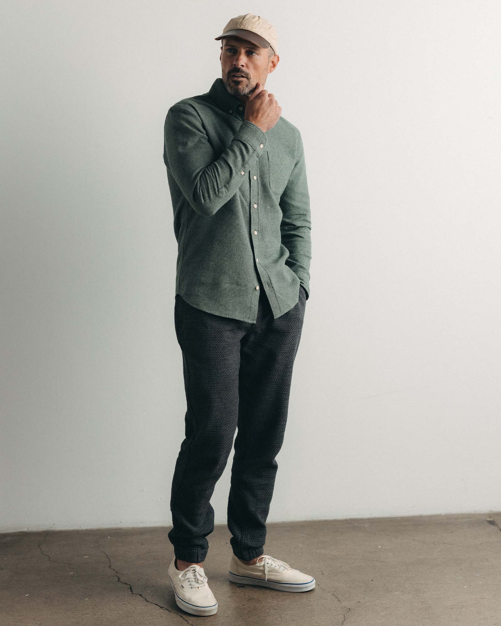 fit model posing in The Jack in Deep Sea Twist Waffle, Wovens by Taylor Stitch