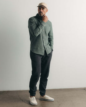 fit model posing in The Jack in Deep Sea Twist Waffle, Wovens by Taylor Stitch