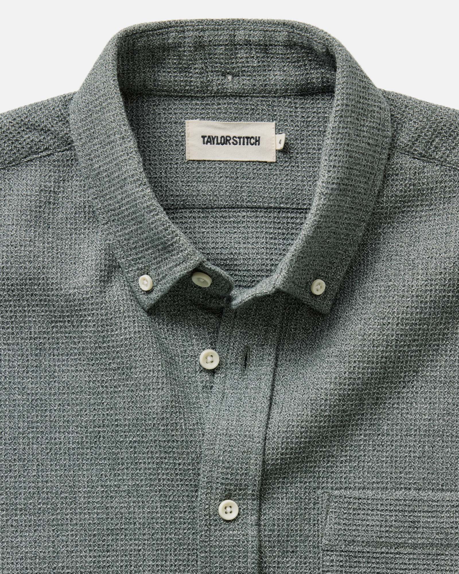 material shot of the collar on The Jack in Deep Sea Twist Waffle, Wovens by Taylor Stitch