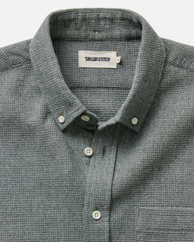 material shot of the collar on The Jack in Deep Sea Twist Waffle, Wovens by Taylor Stitch