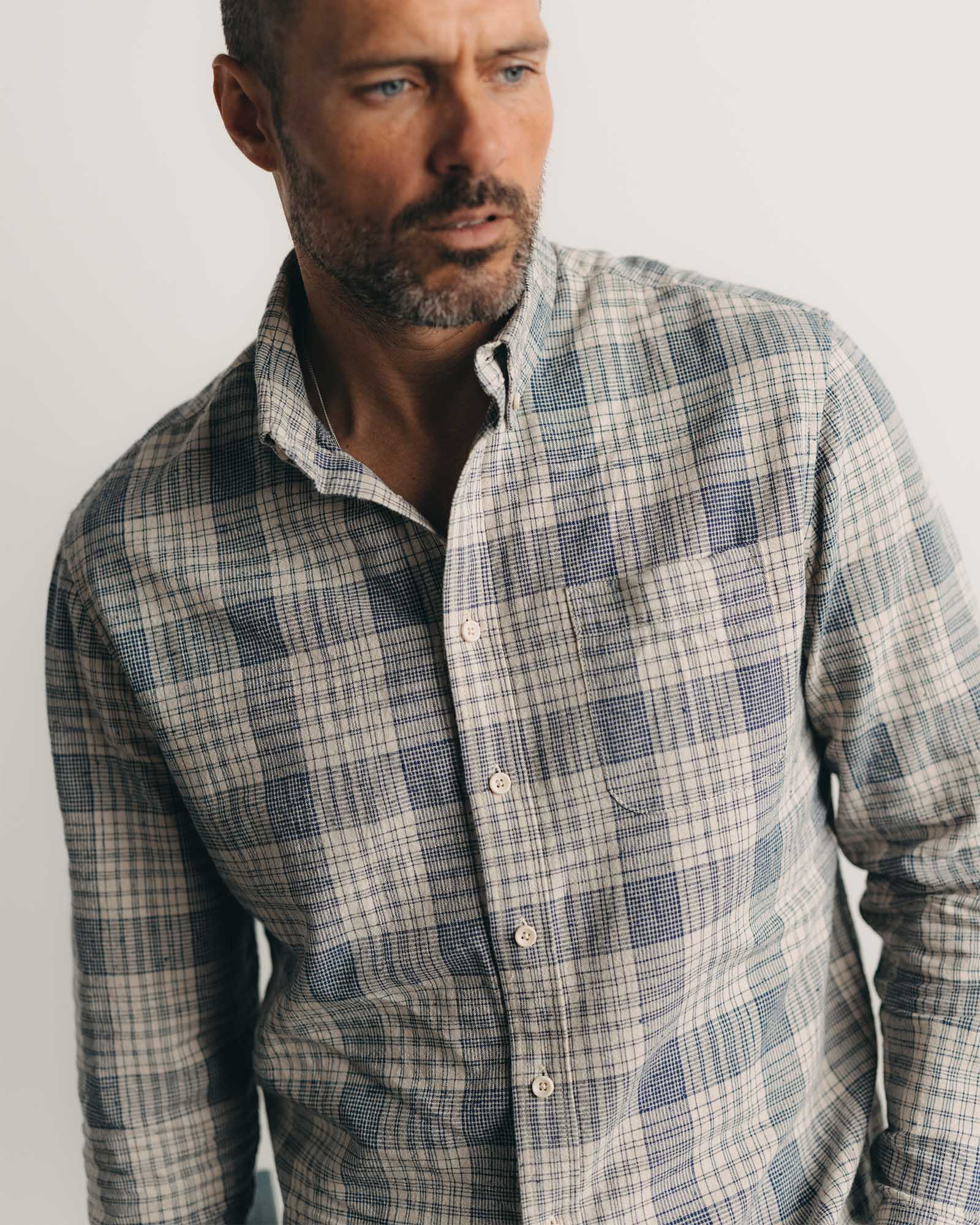 fit model posing in The Jack in Japanese Oyster Plaid, Wovens by Taylor Stitch