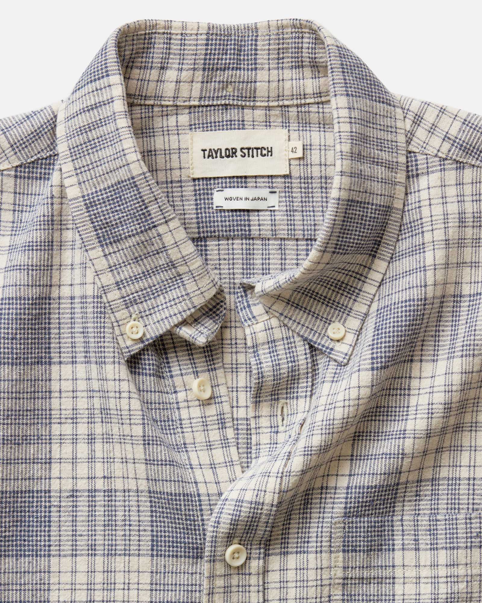 material shot of the collar on The Jack in Japanese Oyster Plaid, Wovens by Taylor Stitch