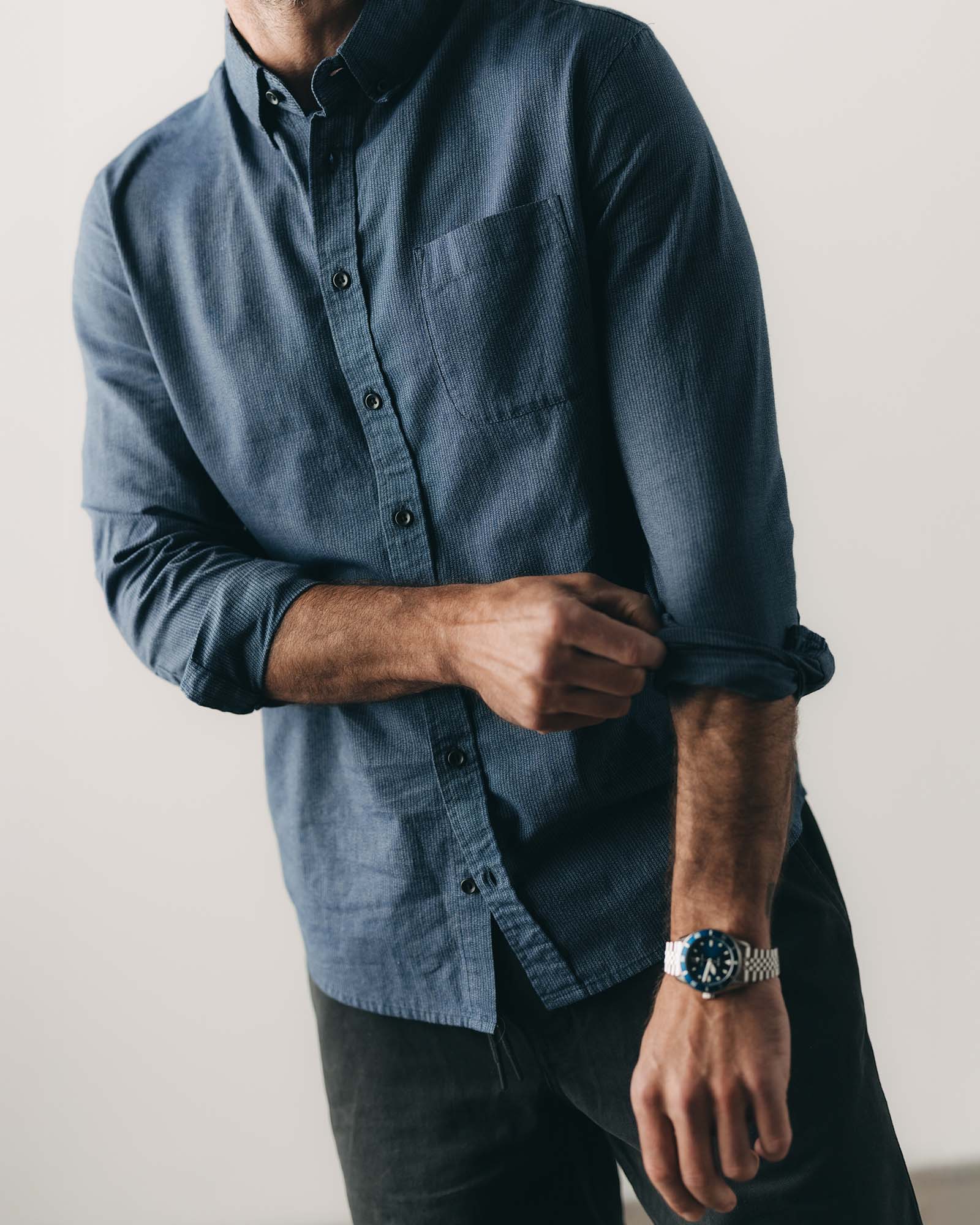 fit model posing in The Jack in Marine Stripe, Wovens by Taylor Stitch