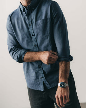 fit model posing in The Jack in Marine Stripe, Wovens by Taylor Stitch