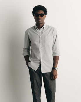 fit model posing in The Jack in Navy Stripe Seersucker, Wovens by Taylor Stitch