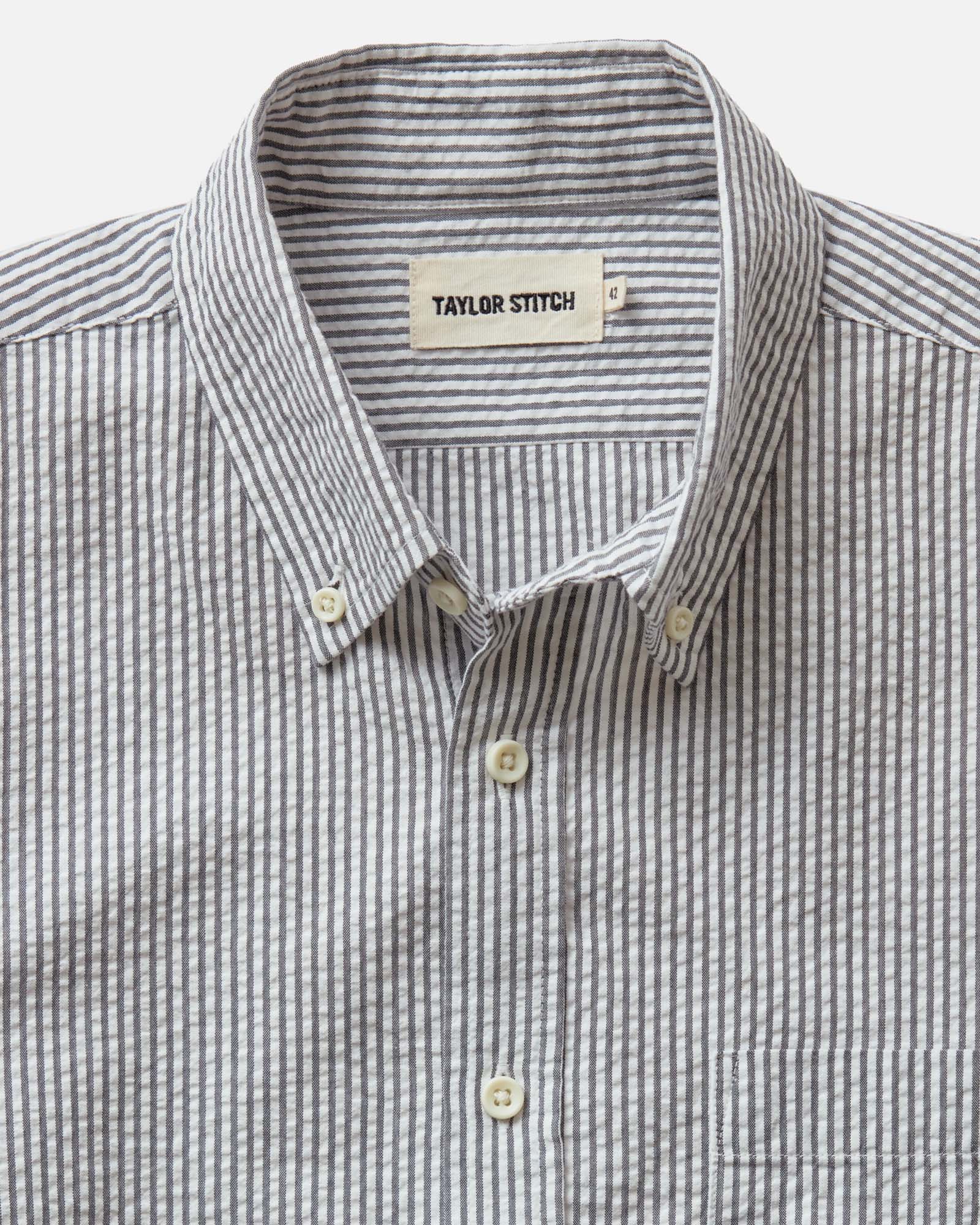 material shot of the collar on The Jack in Navy Stripe Seersucker, Wovens by Taylor Stitch