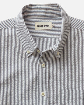 material shot of the collar on The Jack in Navy Stripe Seersucker, Wovens by Taylor Stitch