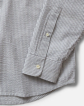 material shot of the sleeve on The Jack in Navy Stripe Seersucker, Wovens by Taylor Stitch