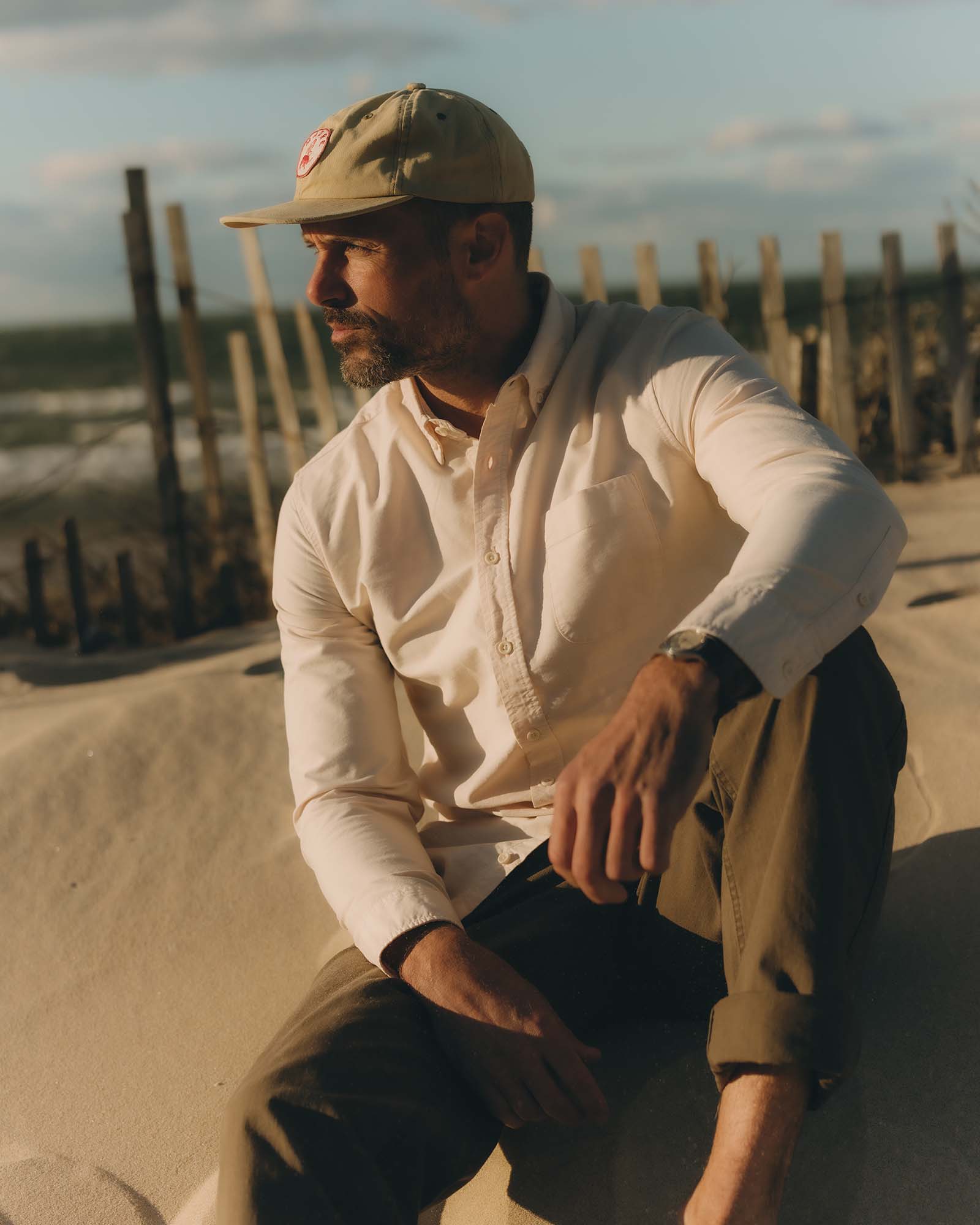 fit model showing off The Jack in Pale Rose Oxford, Wovens by Taylor Stitch