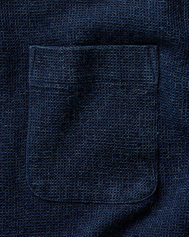 fit model with his hand in his pocket wearing The Jack in Indigo Waffle, Wovens by Taylor Stitch