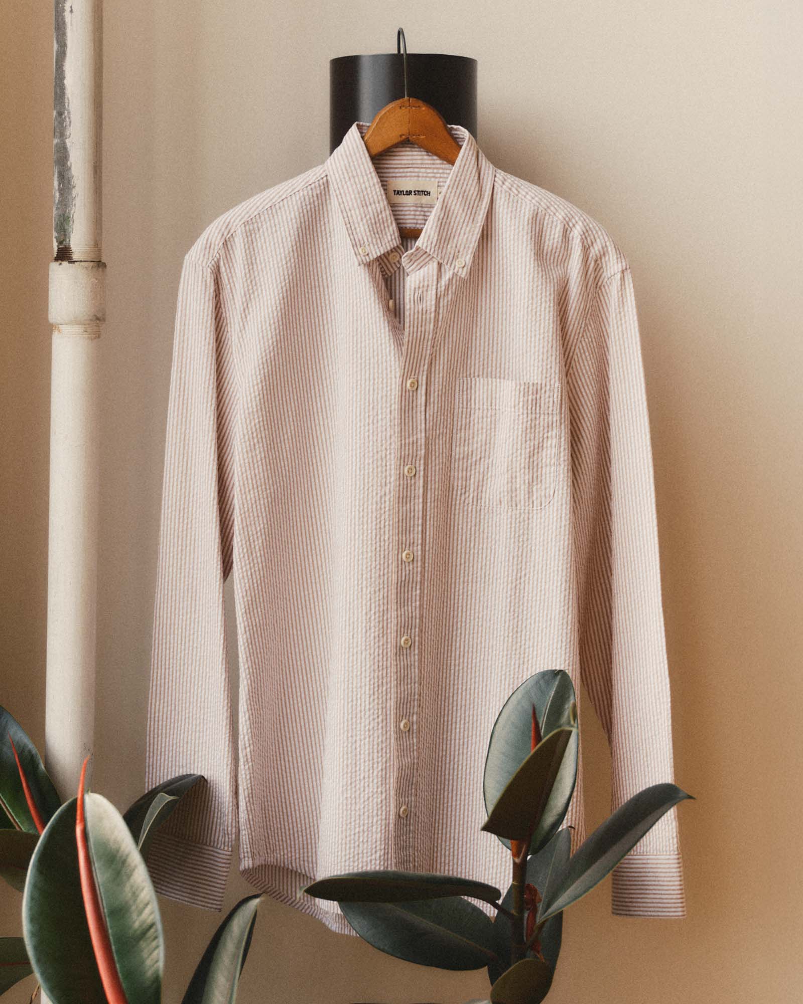 editorial image of The Jack in Sand Stripe Seersucker hanging, Wovens by Taylor Stitch