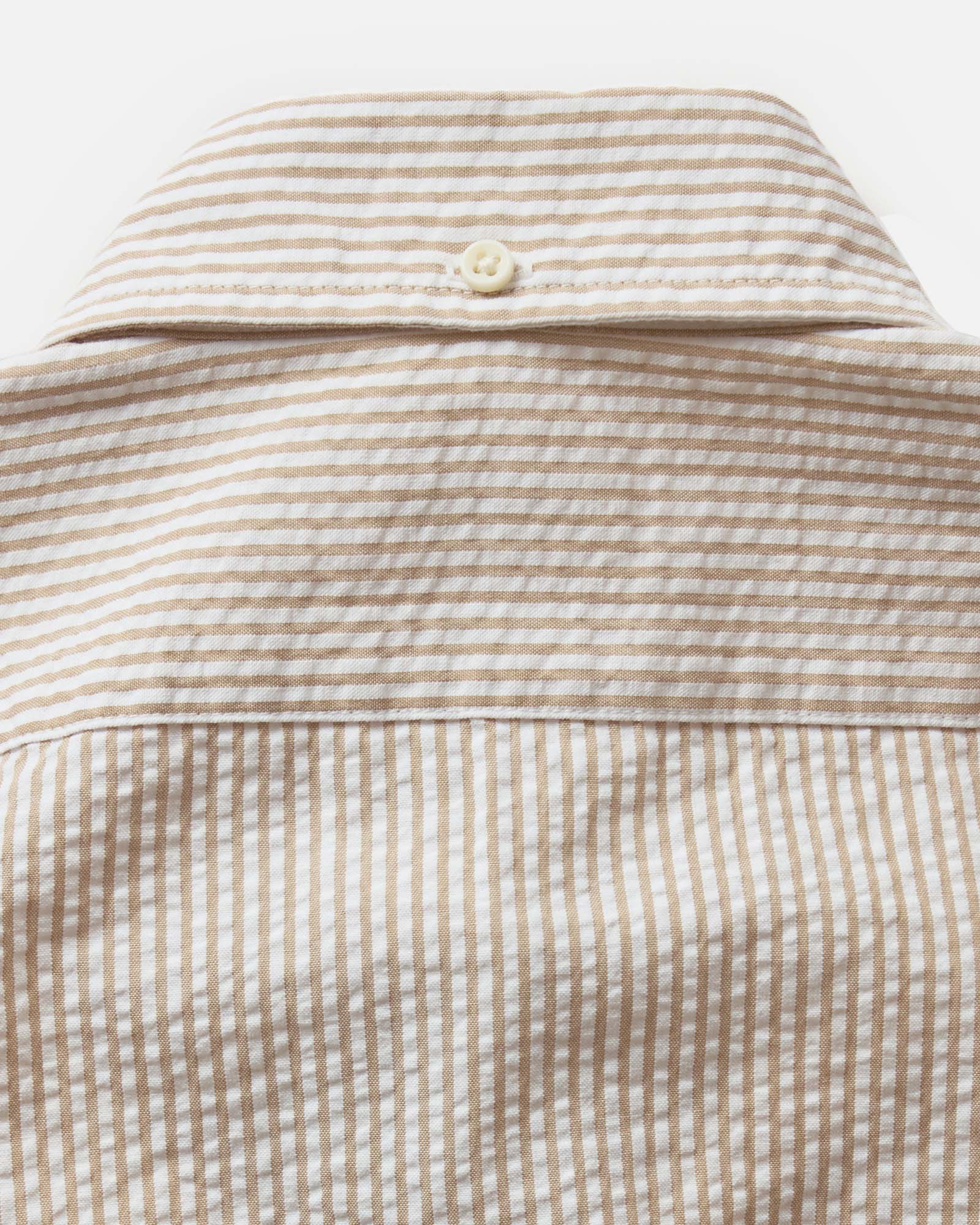 material shot of the back collar on The Jack in Sand Stripe Seersucker, Wovens by Taylor Stitch