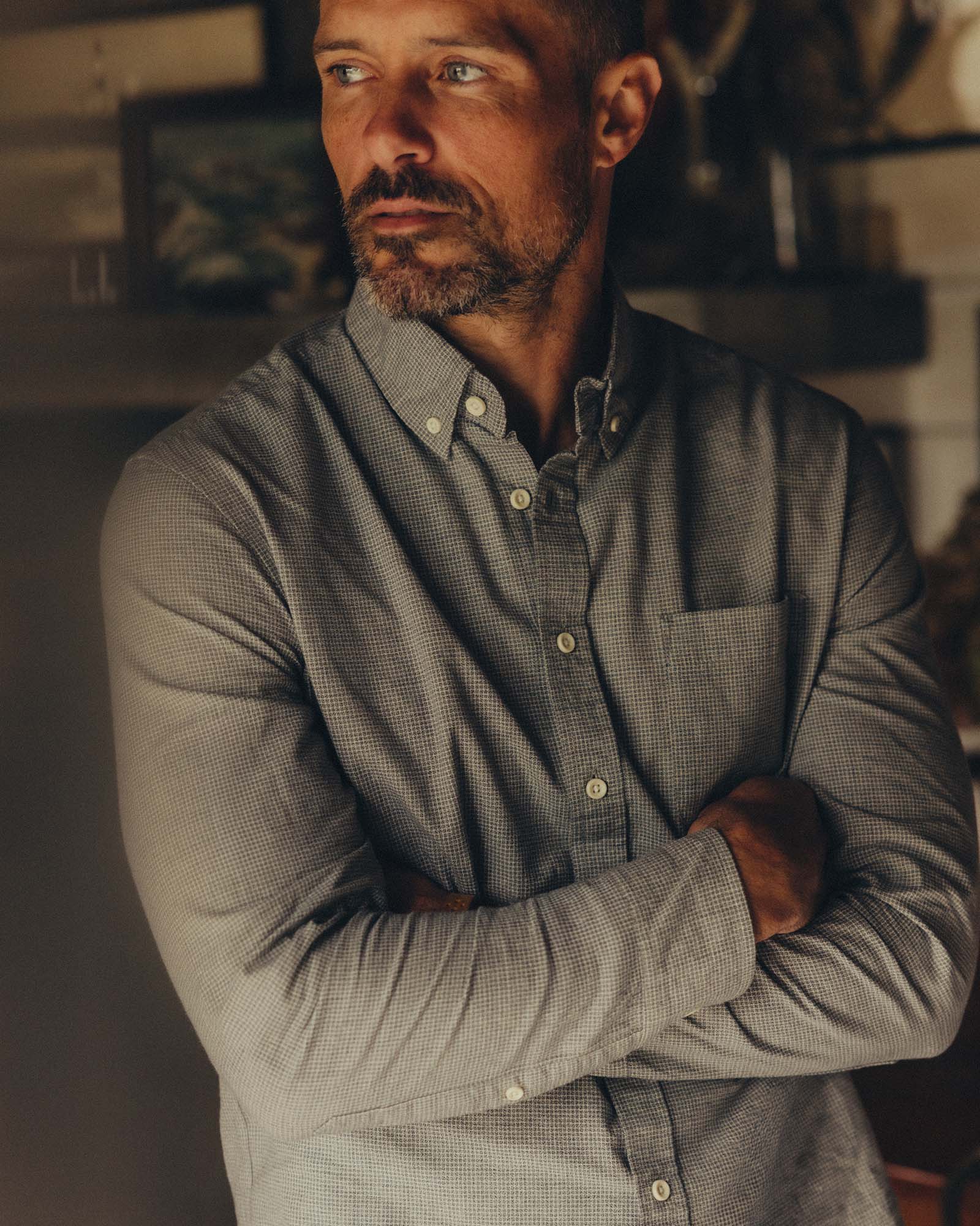 fit model posing in The Jack in Steel Jaspe Check, Wovens by Taylor Stitch