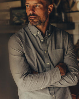 fit model posing in The Jack in Steel Jaspe Check, Wovens by Taylor Stitch