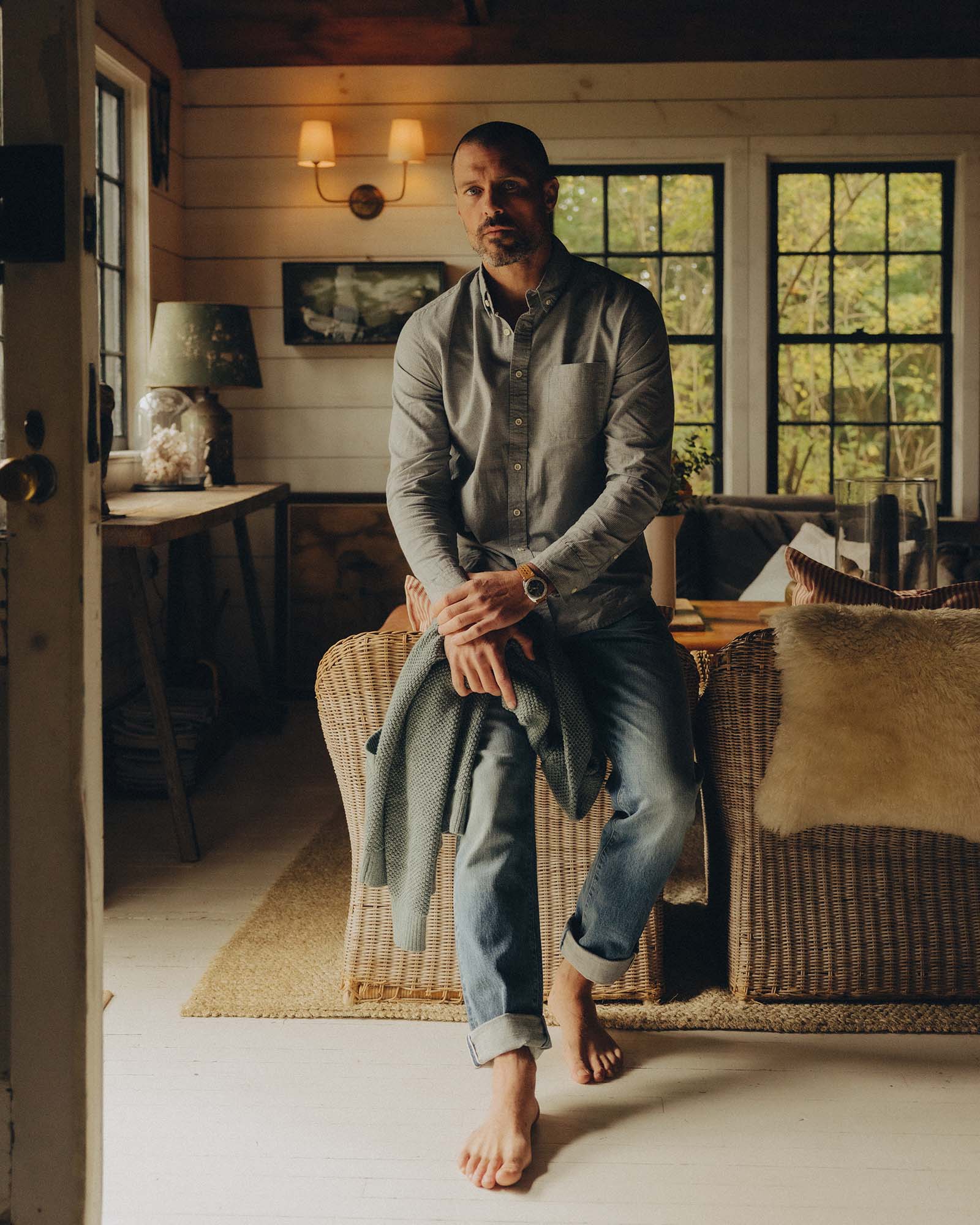 fit model showing off The Jack in Steel Jaspe Check, Wovens by Taylor Stitch