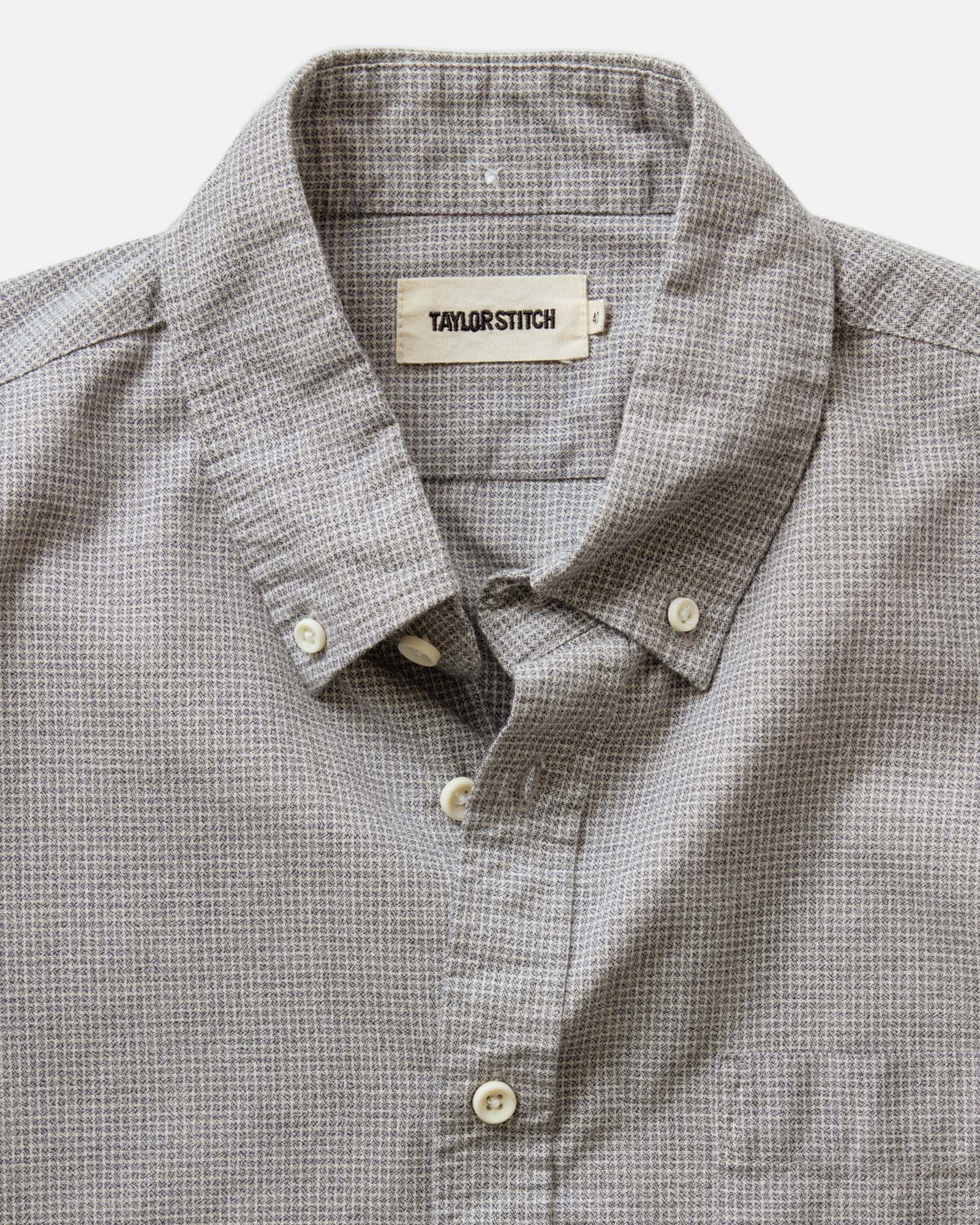 material shot of the collar on The Jack in Steel Jaspe Check, Wovens by Taylor Stitch