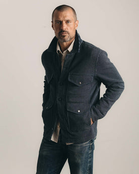 fit model posing in The Jackson Jacket in Rinsed Indigo French Terry Stripe, Outerwear by Taylor Stitch