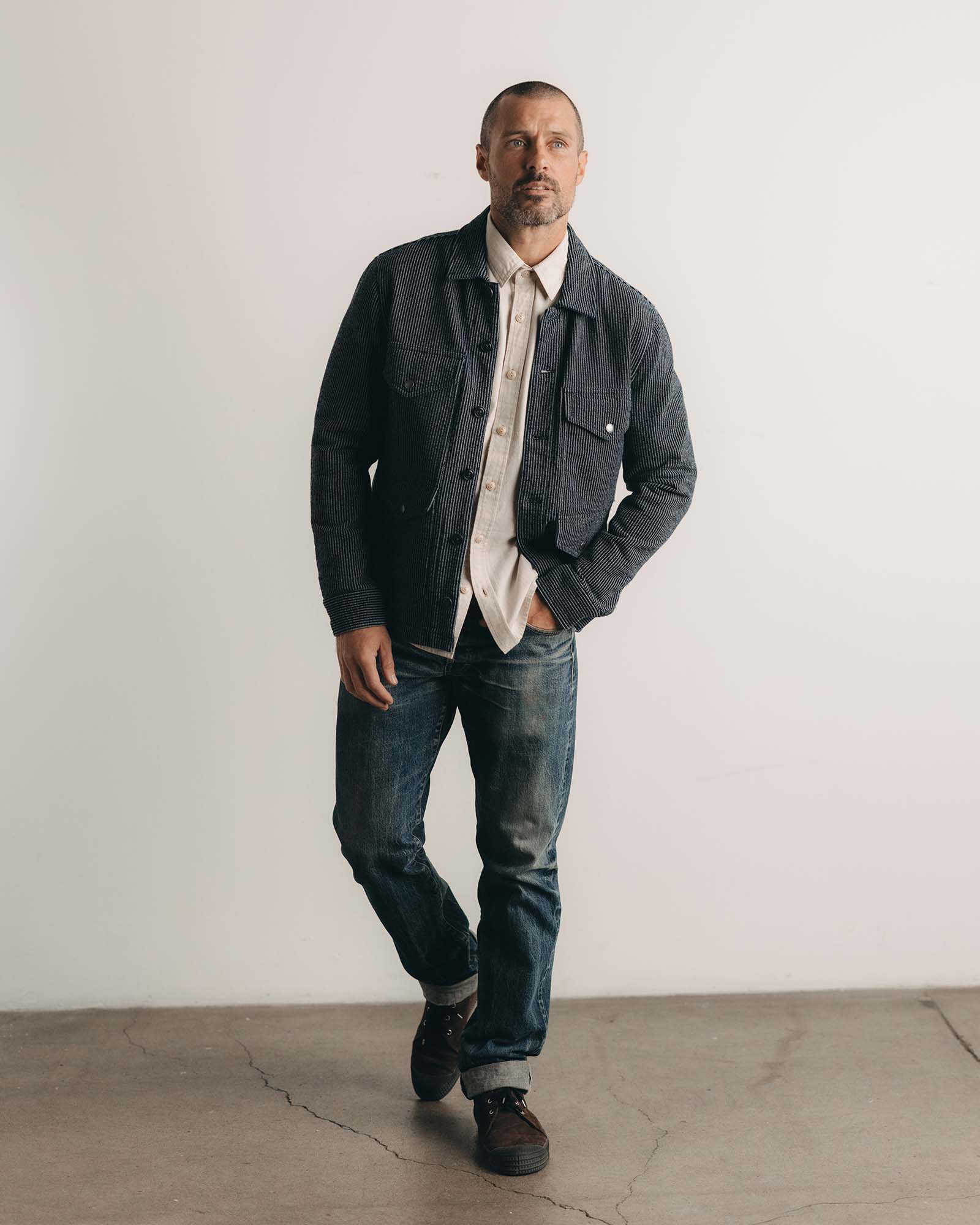 fit model showing off The Jackson Jacket in Rinsed Indigo French Terry Stripe, Outerwear by Taylor Stitch