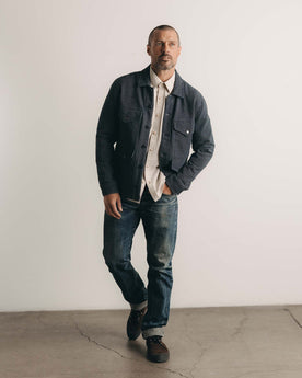 fit model showing off The Jackson Jacket in Rinsed Indigo French Terry Stripe, Outerwear by Taylor Stitch