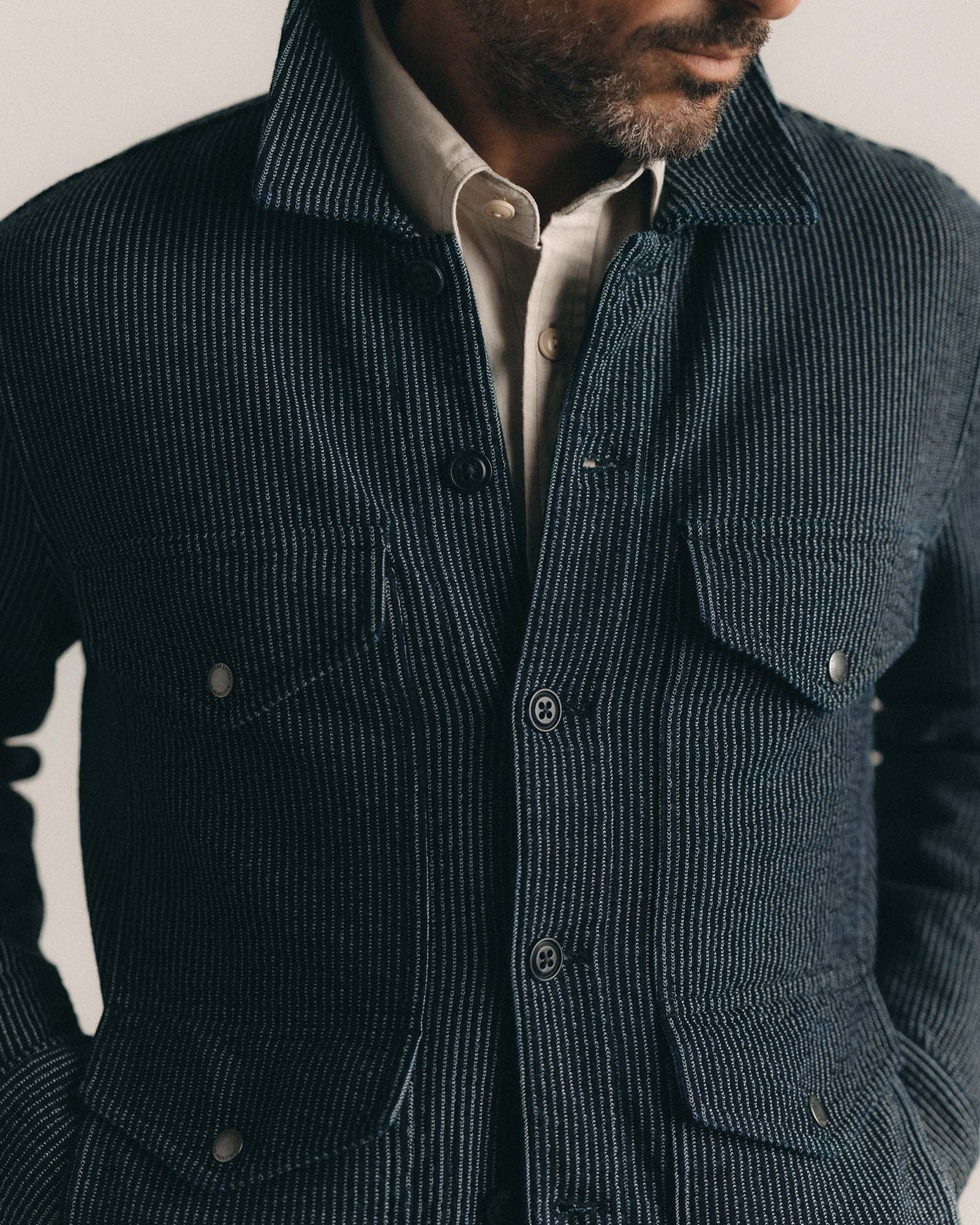fit model showing off the buttons on The Jackson Jacket in Rinsed Indigo French Terry Stripe, Outerwear by Taylor Stitch