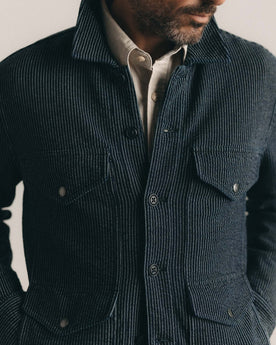 fit model showing off the buttons on The Jackson Jacket in Rinsed Indigo French Terry Stripe, Outerwear by Taylor Stitch