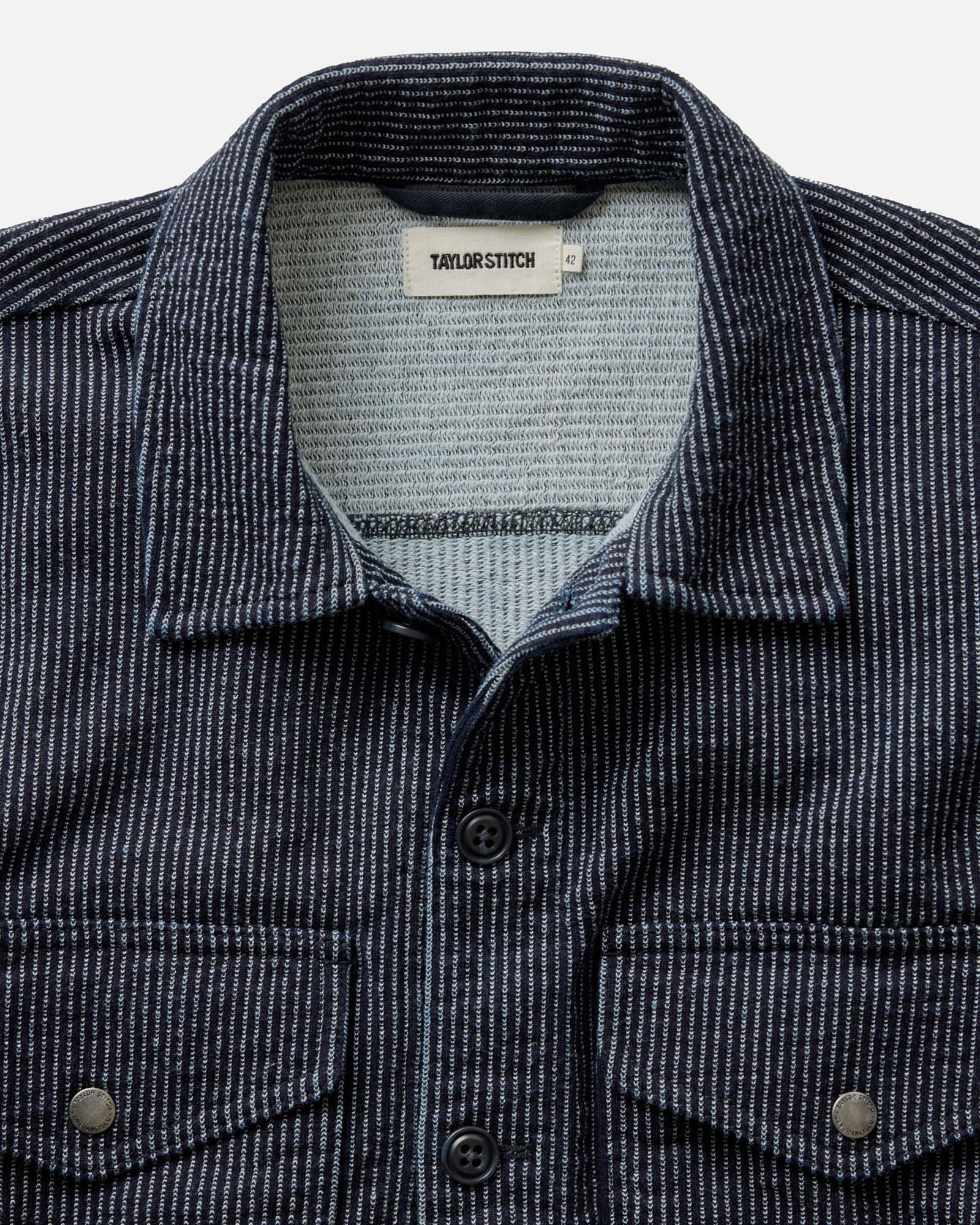 material shot of the collar on The Jackson Jacket in Rinsed Indigo French Terry Stripe, Outerwear by Taylor Stitch