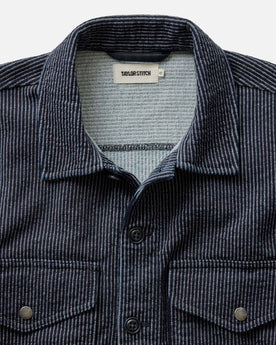 material shot of the collar on The Jackson Jacket in Rinsed Indigo French Terry Stripe, Outerwear by Taylor Stitch